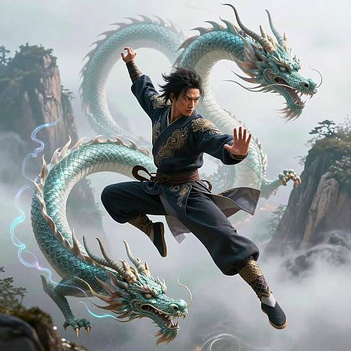 Digital artwork of a black-haired martial artist in a blue robe, mid-air, fighting a blue, serpentine dragon amidst misty, rocky cliffs