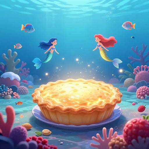 Digital illustration: Two mermaids with blue and red hair, fish, and colorful coral surround a glowing underwater pie in a vibrant ocean scene.