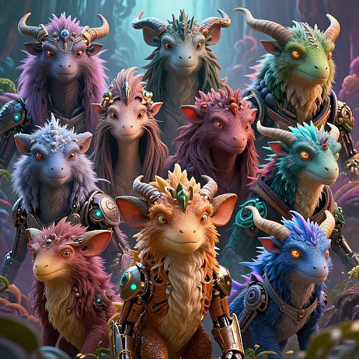 CGI fantasy image of seven colorful, horned, furry, anthropomorphic creatures with glowing eyes and cybernetic arms, standing in a mystical forest
