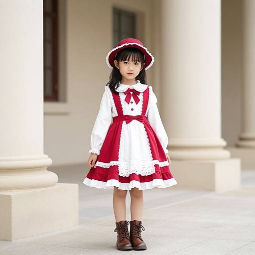 Young Girl in Red Dress by Columns