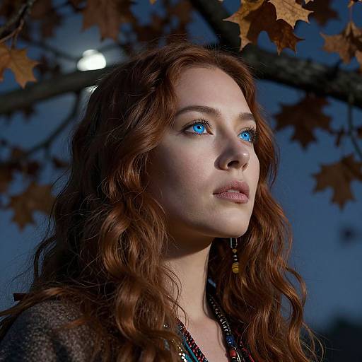 Photograph of a fair-skinned woman with wavy auburn hair, glowing blue eyes, and dark earrings, framed by autumn leaves against a