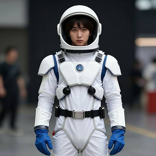 Photograph of an Asian man in a white astronaut suit with blue gloves, helmet, and serious expression, standing in an urban background. Blurred people
