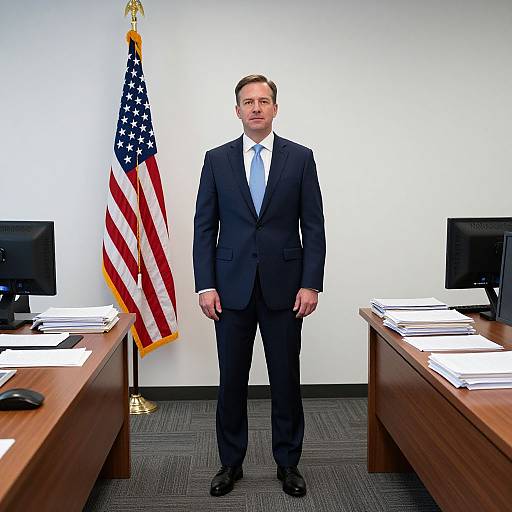 Photograph of a middle-aged man in a black suit, white shirt, and tie, standing between two desks with an American flag behind him in a