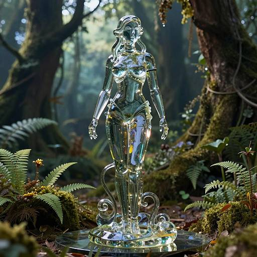 A transparent, glass statue of a humanoid figure with stylized curves stands in a lush, misty forest, surrounded by ferns and moss-covered trees