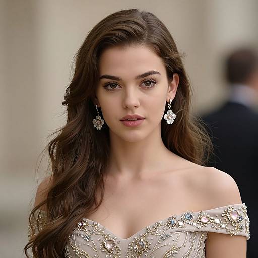Photograph of a young woman with long, wavy brown hair, wearing an off-the-shoulder, beaded white gown and star-shaped earrings
