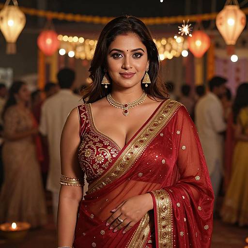 Photograph of a beautiful Indian woman in a red and gold embroidered saree, adorned with jewelry, standing in a warmly lit, festive evening gathering.