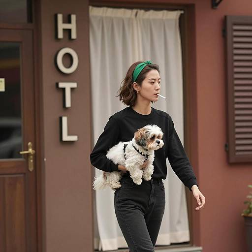 Chic Woman with Dog in Hotel Setting