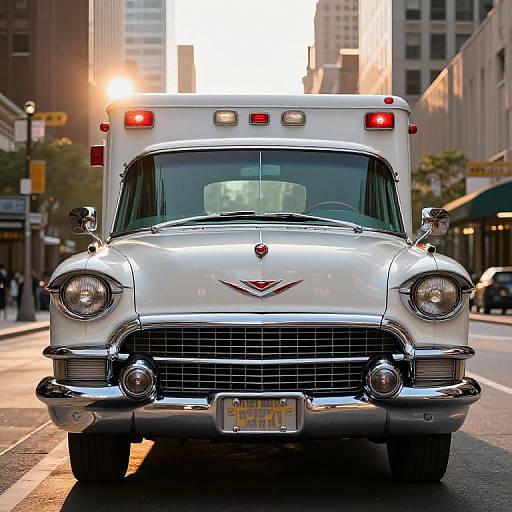 Photograph of a vintage white Checker Marathon ambulance with red lights, chrome accents, and yellow license plate, parked on a city street at sunset.