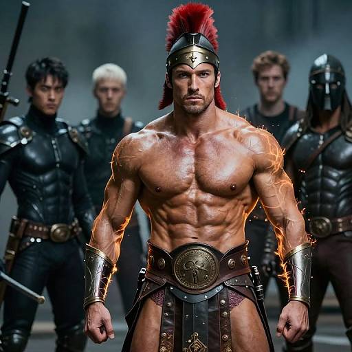 Photorealistic CGI of a muscular, shirtless warrior with red plume helmet, glowing arm muscles, and bronze armor, surrounded by armed soldiers.