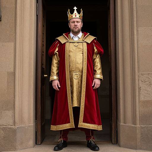 Photograph of a bearded man in a gold and red regal robe, white shirt, black boots, and gold crown, standing in a stone