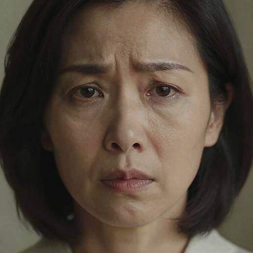 Photograph of a middle-aged Asian woman with short black hair, expressionless face, slightly furrowed brows, and subtle wrinkles, against a neutral