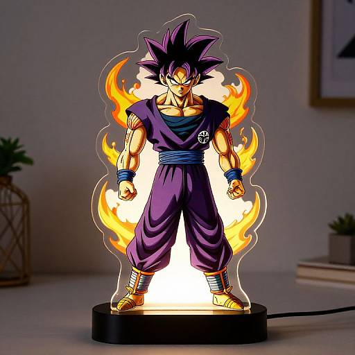 Digitally illustrated Son Goku figurine with glowing flames, wearing purple gi and blue sash, standing on illuminated base, modern room background.