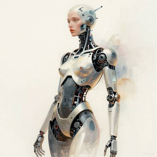 Digital artwork of a sleek, white and black female android with metallic joints, red lips, and a futuristic headpiece, standing against a white background.
