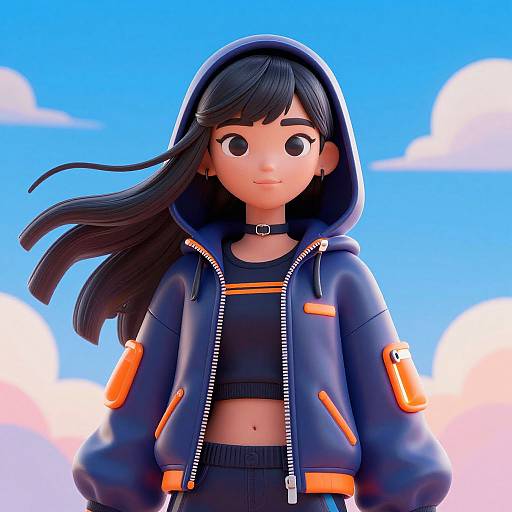 Digital anime-style portrait of a cute young woman with long black hair, wearing a navy hoodie, orange accents, and choker, against a bright blue