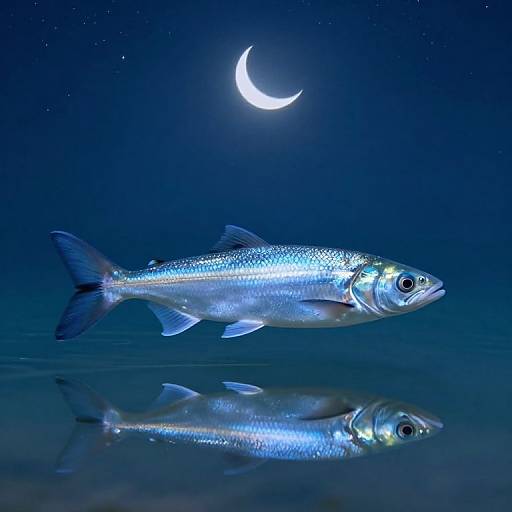 Photograph of a glowing silver fish with reflective scales, swimming under a crescent moon in a dark blue night sky, with a clear reflection on the