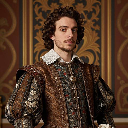 Photograph of a curly-haired, bearded man in ornate, Renaissance-style, brown and gold embroidered doublet with white lace collar, standing in