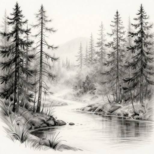 Black-and-white digital drawing of a serene forest with tall pine trees, a reflective stream, and grassy banks.
