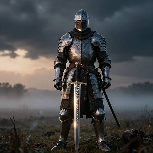 Photograph of a lone, armored knight with a reflective helmet and sword, standing in a misty, cloudy field at sunset.