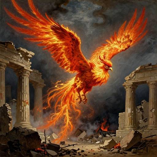 Digital artwork of a fiery, majestic phoenix with glowing orange feathers soaring over a ruined, ancient city with crumbling columns and smoke.