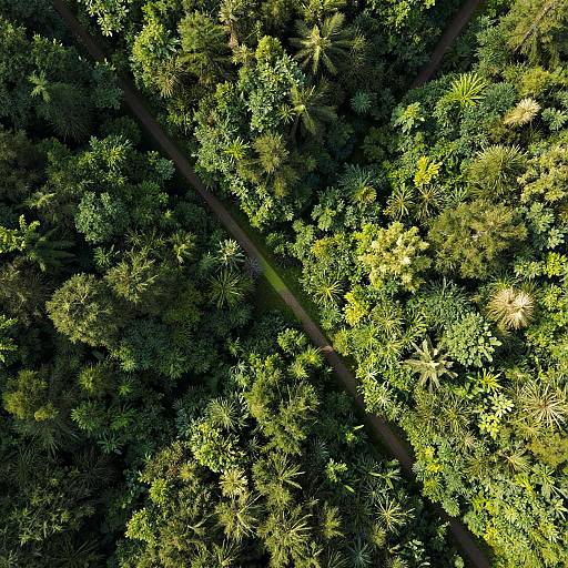 Aerial View of Dense Green Forest with Narrow Path