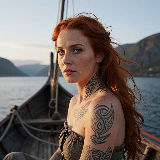 Photograph of a red-haired, freckled woman with tribal tattoos, wearing a strapless, textured top, on a boat at sunset, with