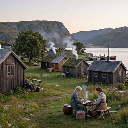 Photograph of a rustic, rural village with wooden cabins, green hills, and a lake. Two elderly women sit outdoors, cooking over a steaming