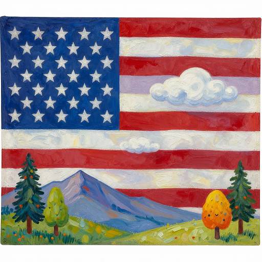 Colorful painting of the American flag with stars on a blue field, red and white stripes, and a mountainous landscape with trees and a bright orange