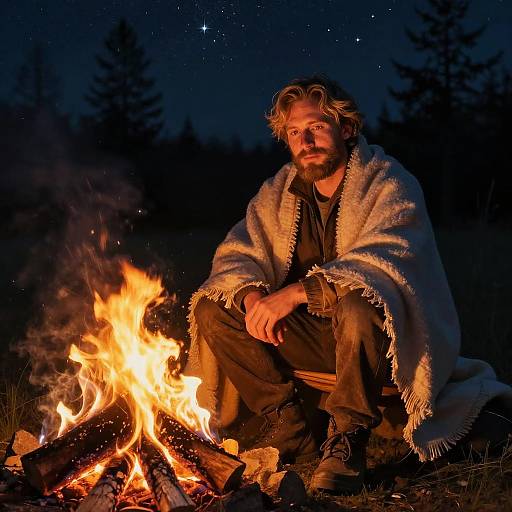 Photograph of a bearded man with wavy hair, wrapped in a beige blanket, sitting by a glowing campfire at night, surrounded by dark