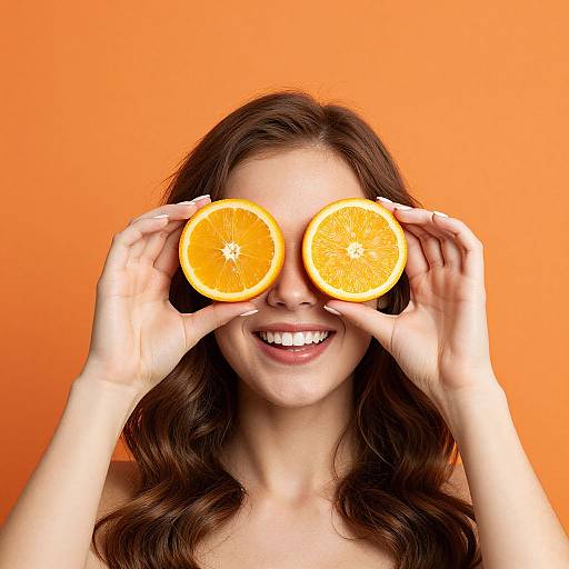 Photograph of a smiling woman with long brown hair, wearing no clothes, holding two orange slices over her eyes against an orange background.