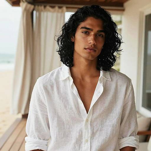 Photograph of a young man with medium brown skin, long wavy black hair, and brown eyes, wearing an unbuttoned white shirt, standing