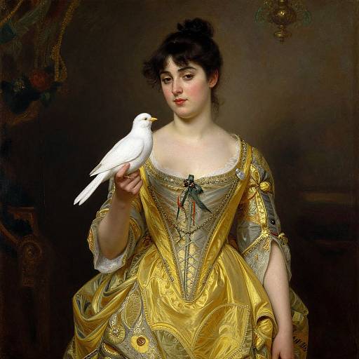 Photorealistic painting of a fair-skinned woman with dark hair in an ornate gold and gray dress, holding a white dove on her finger.