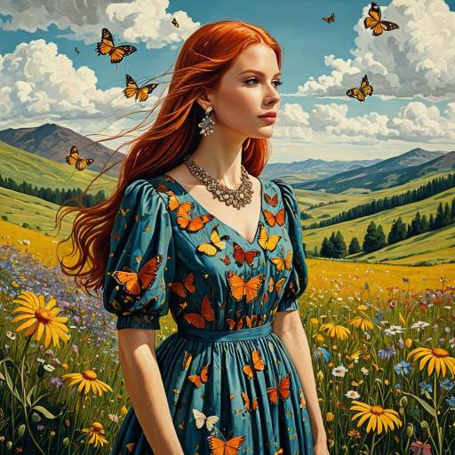 Redheaded Woman in Amber Silk Dress with Butterflies