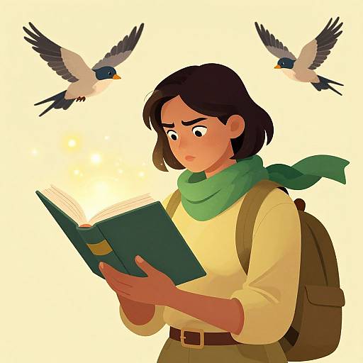 Digital illustration of a brown-skinned, black-haired woman with green scarf, white shirt, and brown backpack, reading book while two birds fly above.