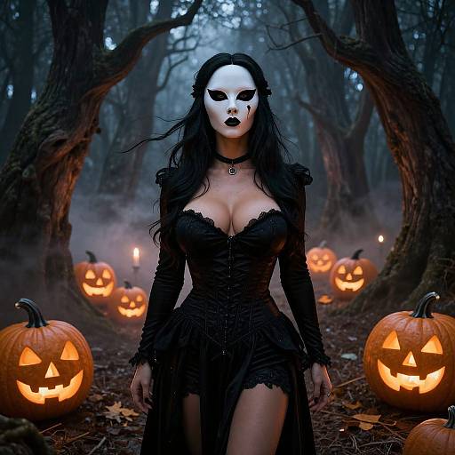 Photograph-style digital art of a mysterious woman with white mask, black lace dress, and long black hair, standing in a dark forest with glowing jack