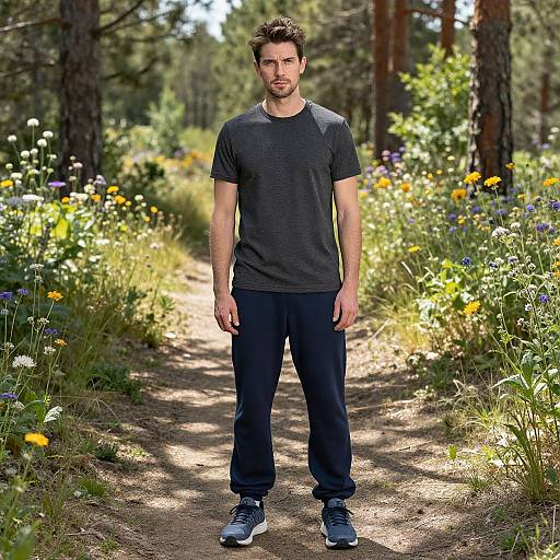 Photograph of a man with short brown hair, wearing a dark gray t-shirt, navy pants, and blue sneakers, standing on a sunlit forest