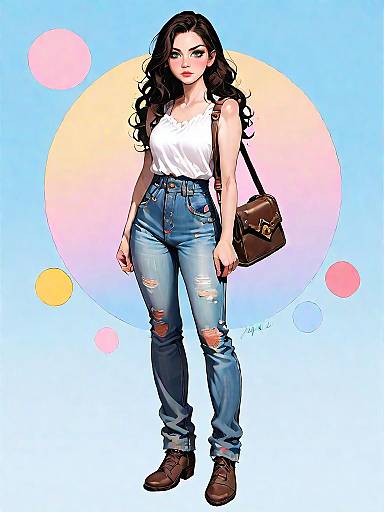 Casual Woman in Distressed Jeans with Brown Shoulder Bag