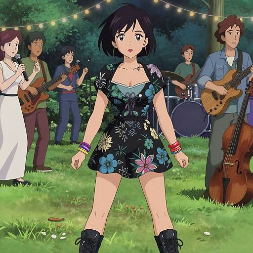 Anime-style drawing of a young woman with short black hair, wearing a floral black dress, standing center at a nighttime outdoor band performance. Background features musicians