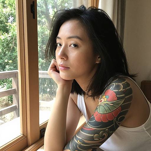 Thoughtful Asian Woman with Tattoo