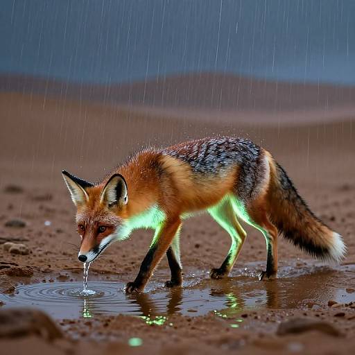 Photograph of a red fox with glowing green underbelly, drinking from a puddle in the rain, with blurred raindrops in the background.