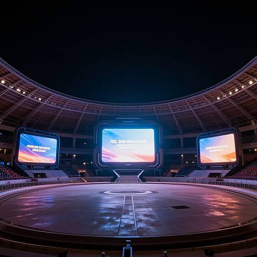 Photograph of a dimly lit, empty political debate stage with three large, illuminated television screens displaying 