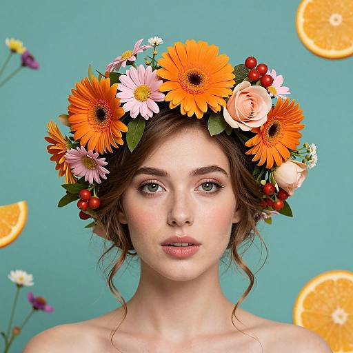 Photorealistic portrait of a young woman with fair skin, brown wavy hair, wearing a vibrant floral crown of orange, pink, and white flowers