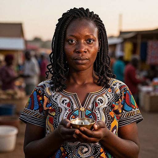Photograph of a young African woman with dark skin and braided hair, wearing a colorful, patterned dress, holding a metal cup, standing in