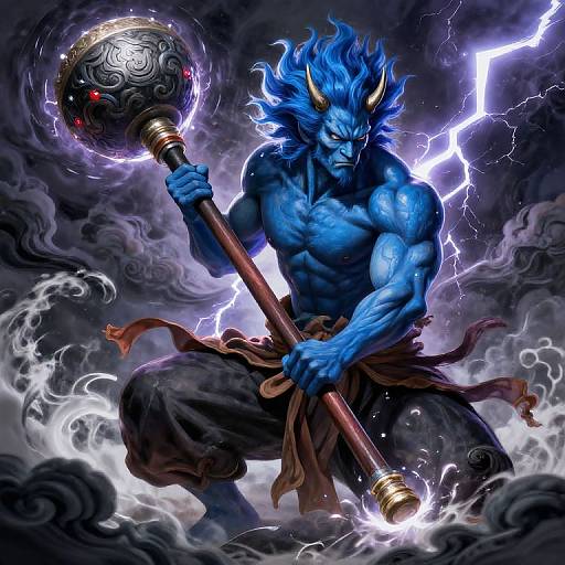 Digital art: Muscular, blue-skinned demon with fiery blue hair, horns, and red eyes, wielding a glowing, lightning-embossed war