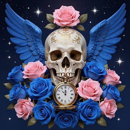 Digital artwork of a skull with blue wings, adorned with pink and blue roses, and a gold pocket watch, set against a starry night background.