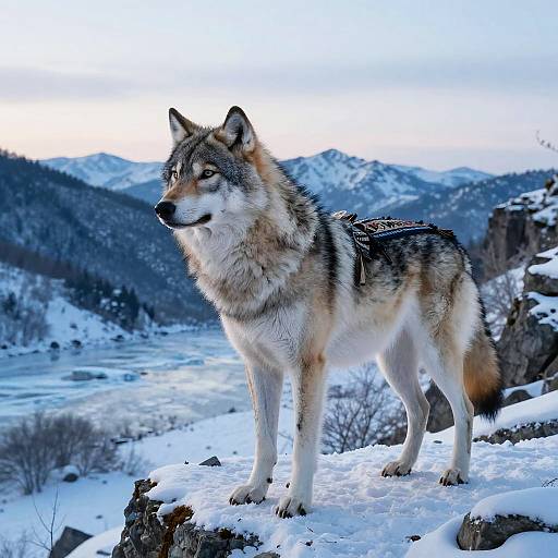 Photograph of a lone, snow-covered wolf standing on a rocky ledge in a snow-covered mountain landscape, with a cloudy blue sky in the background.