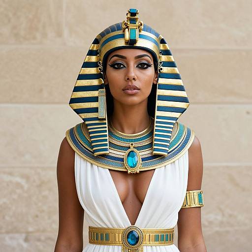Photograph of an African woman in ancient Egyptian attire, wearing a striped nemes headdress, gold and blue jewelry, and a white, deep-V
