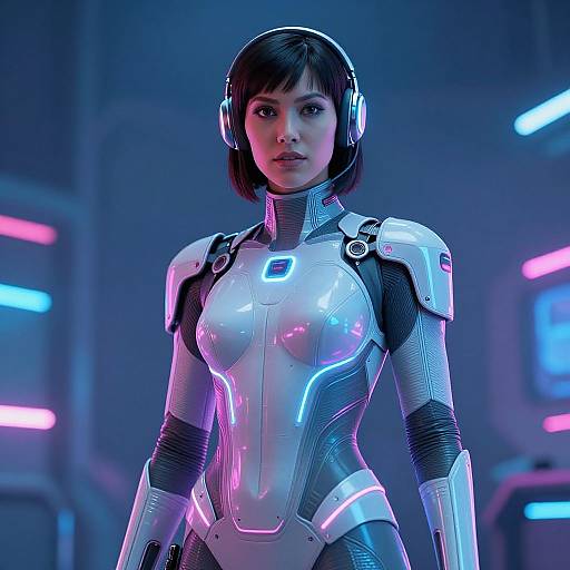 CGI image of an Asian woman in a futuristic, glowing white and pink bodysuit with high-tech armor, wearing headphones, set in a neon