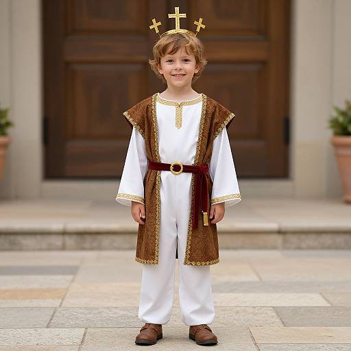 Photograph of a young boy in a white baptismal outfit with brown, gold-trimmed robe and cross headpiece, standing in front of a