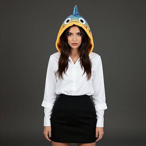 Photograph of a woman with long dark hair, wearing a white blouse, black skirt, and colorful, cartoonish fish hat with blue fin and large