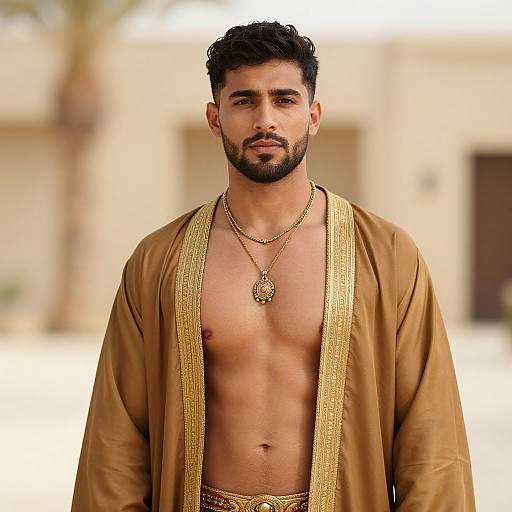 Photograph of a handsome, bearded South Asian man with dark hair, wearing a gold-trimmed, tan traditional outfit, revealing his muscular,